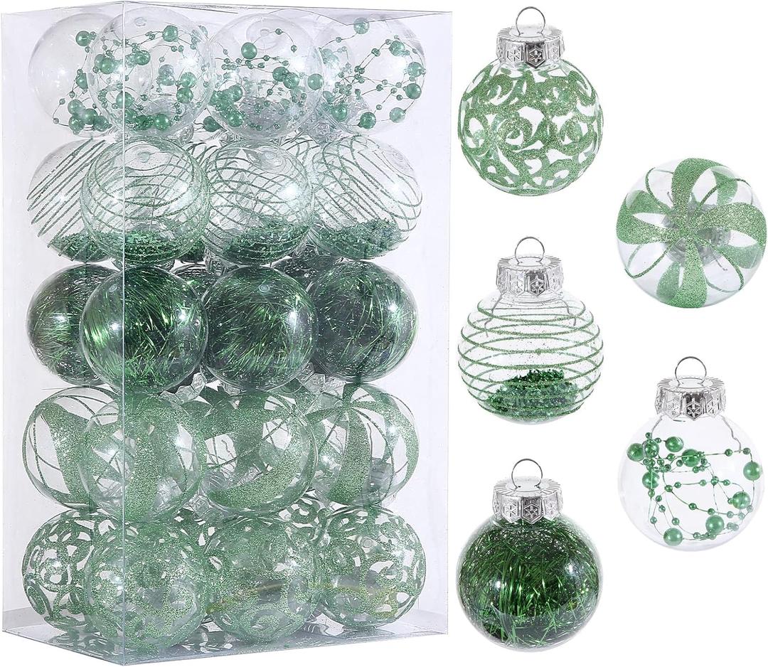 60MM/2.36" Christmas Ornaments Set, 30pcs Green Clear Christmas Ornaments Shatterproof Decorative Baubles for Xmas Tree Ornament Decorations Balls for Wedding Holiday Party Indoor Outdoor Decor