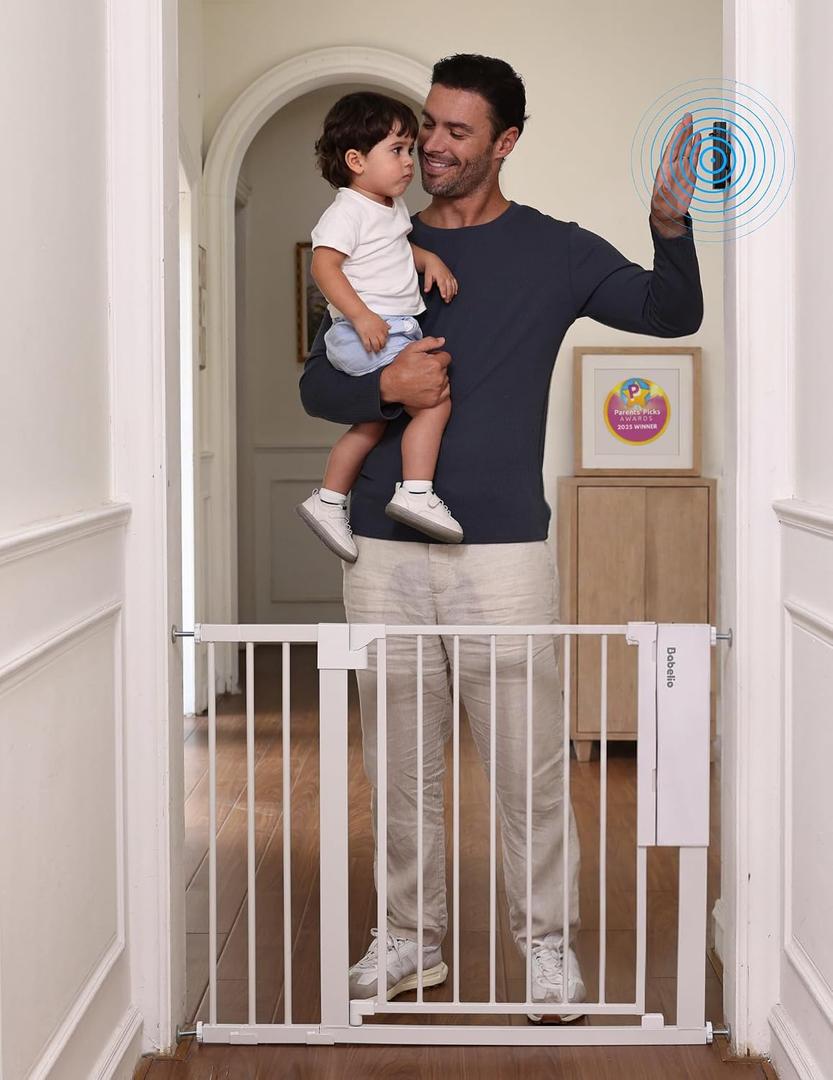 Babelio Smart Baby Gate with Auto-Unlock/Close, Pressure Mounted No Drill for Doorways/Top of Stairs. Pet/Dog Door Wide Walk Thru w/Infrared Sensor & Instant Safety Alert (White, 26.3-37.8" W, 30" H)