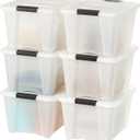 IRIS USA 32 Qt Stackable Plastic Storage Bins with Lids, 6 Pack - BPA-Free, Made in USA - Discreet Organizing Solution, Latches, Durable Nestable Containers, Secure Pull Handle - Pearl