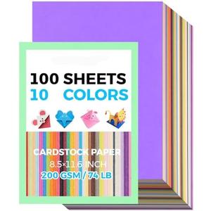 100 Sheets 8.5" X 11.6" Colored Cardstock, 200 GSM Card Stock 10 Assorted Colors Construction Paper Printer Paper for Printing, Kids School Supplies, Party Decorations, Card Making, DIY Crafts