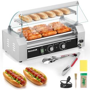 Seeutek Hot Dog Roller 5 Rollers 18 Hot Dogs Capacity 1100W Stainless Hot Dog Toaster, Hot Dog Machine W/Dual Temperature Control Glass Hood Acrylic Cover Warmer Shelf Removable Oil Drip Tray