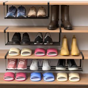 2 Pcs Expandable Shoe Rack Organizer for Closet 16.5-31.5 Inch Adjustable Retractable Hanging Cabinet Shoe Shelf Storage for Space Saving (Black)