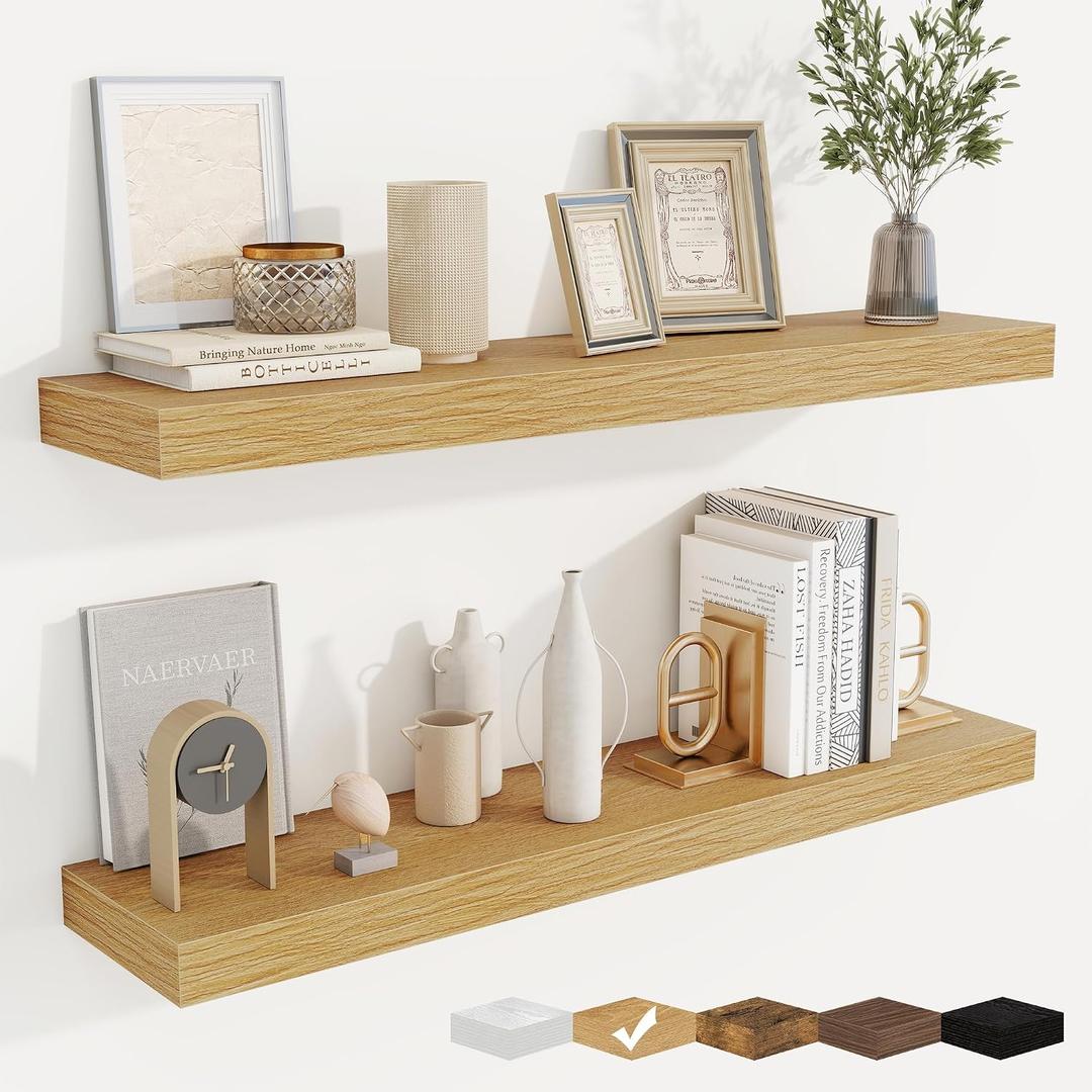 fuqing Floating Shelves for Wall, Wall Mounted Wood Floating Shelf with Invisible Brackets for Living Room, Bathroom, Bedroom, Kitchen Storage and Decor, 36 Inch Set of 2, Oak, 36"w X 6.5"d , 2 Pack