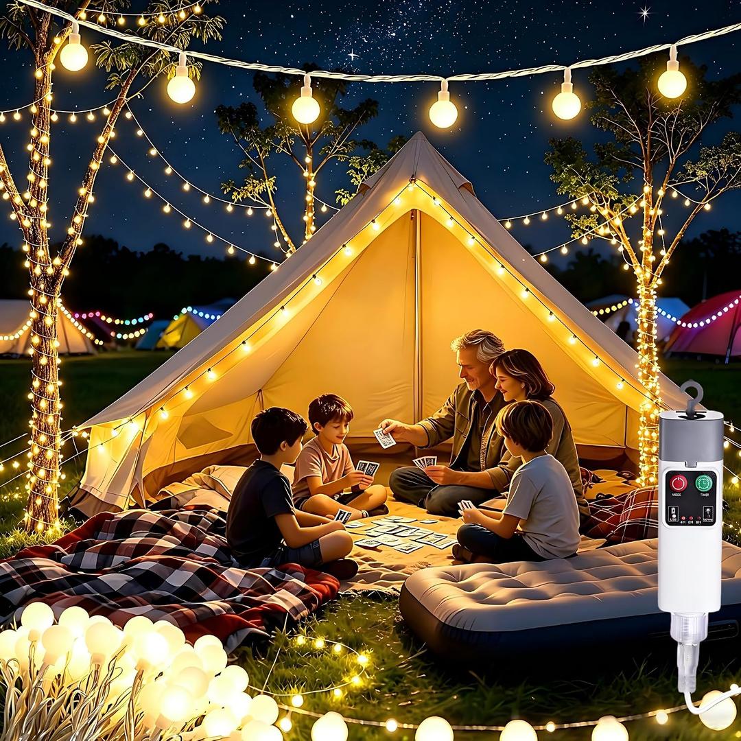 Joomer Camping String Lights, Camping Essentials Gear 33FT 100LED Rechargeable Ball Lights Waterproof, Outdoor String Light with 13 Modes for Awn Tent Garden Hiking Travel Decoration (Warm White)