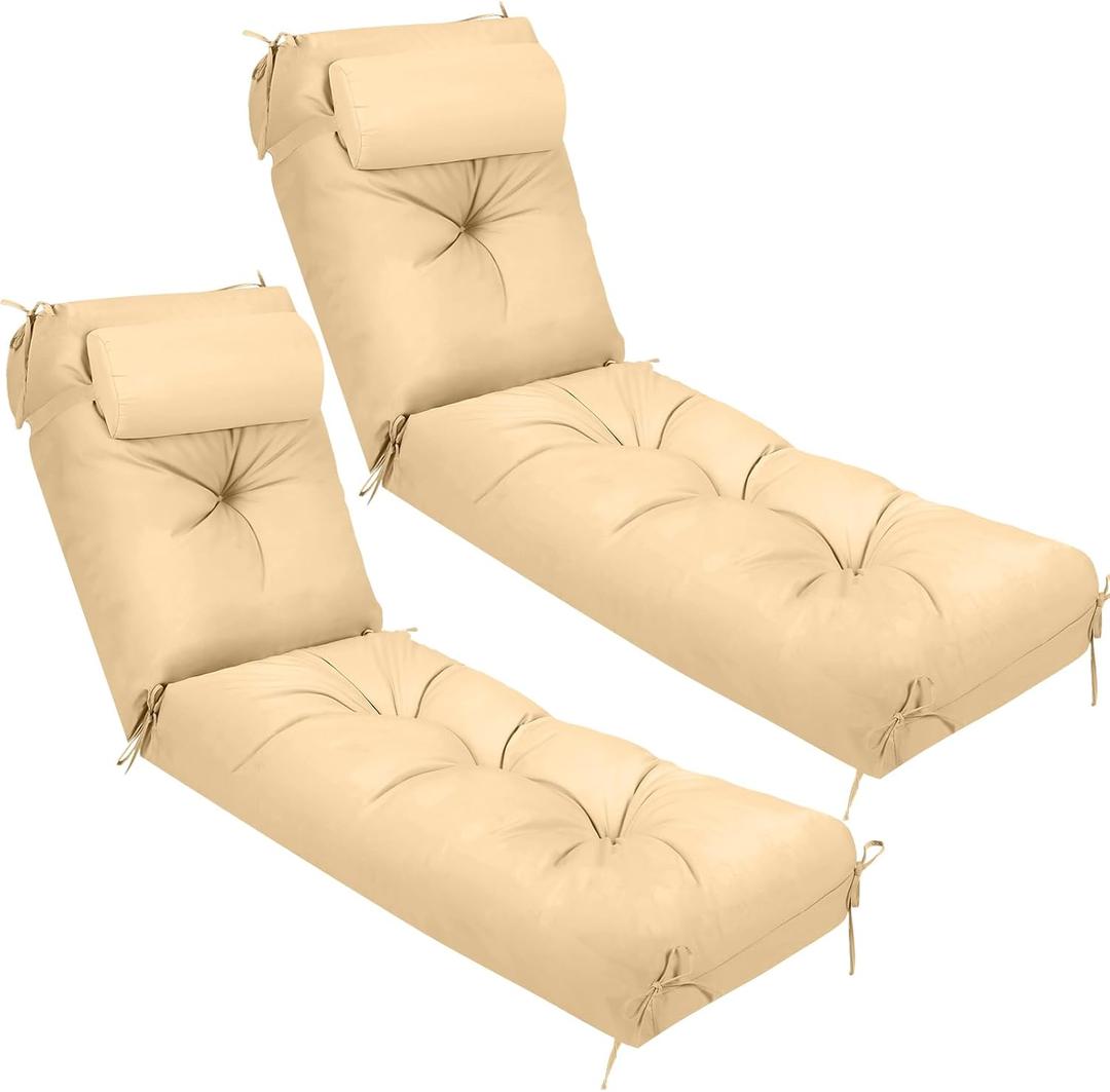Wenqik Set of 2 Outdoor Chaise Lounge Cushions 76 x 22 Inch Waterproof Patio Furniture Chaise Cushions with Headrest Pillow Thick Tufted Lounge Pad for Lawn Patio Pool Resort Hotel (Beige)