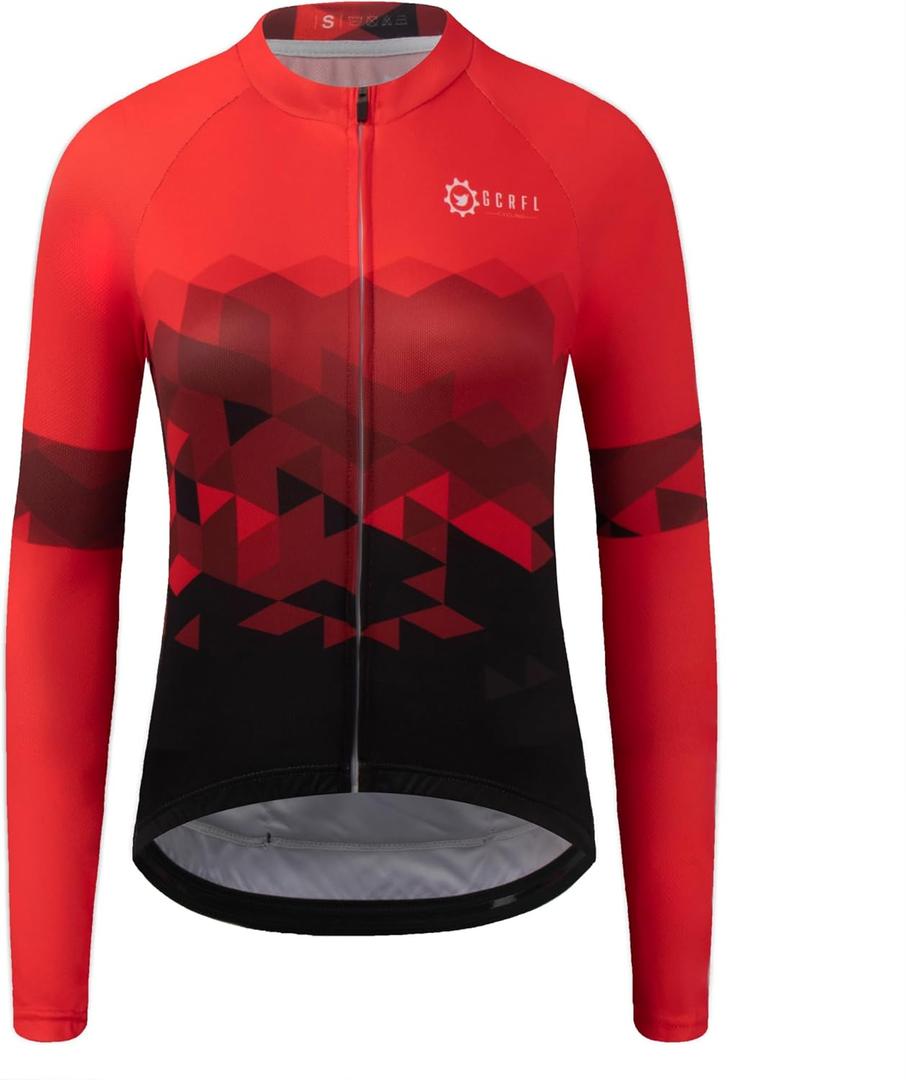 GCRFL Women's Cycling Jersey Long Sleeve Biking Cycling Shirt with 3+1 Zipper Pocket Breathable Quick Dry Bicycle Jersey (Large, Red)
