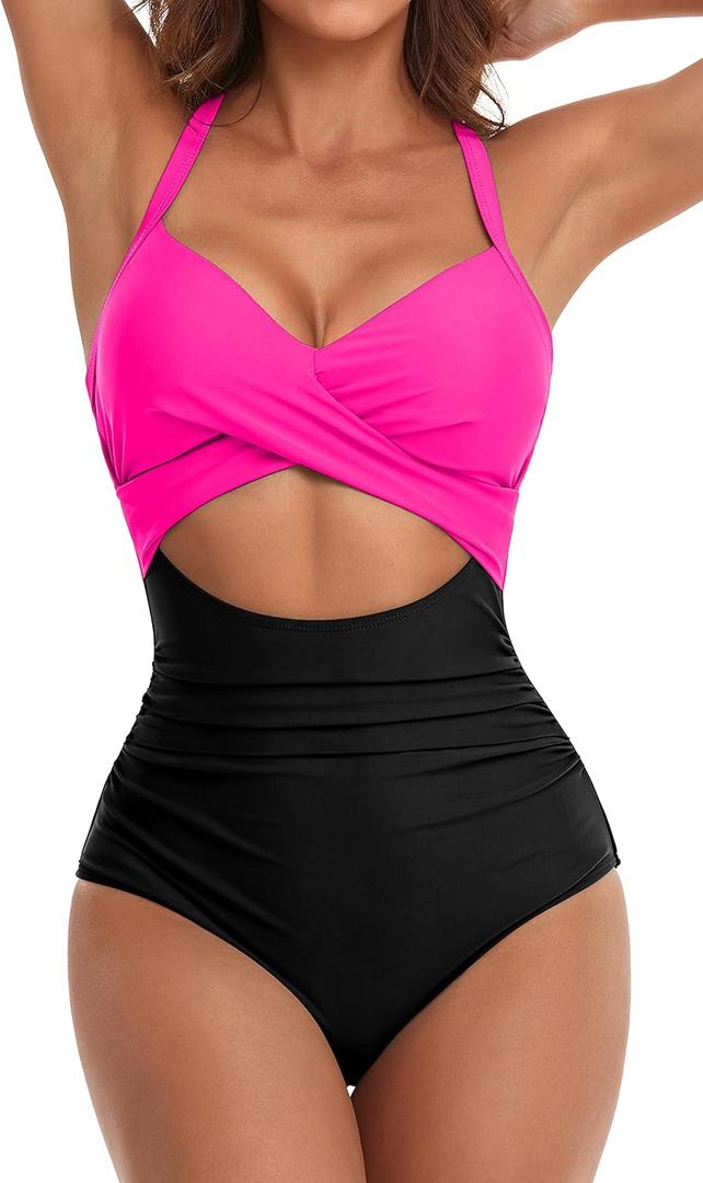 Eomenie Women's One Piece Swimsuits Tummy Control Cutout High Waisted Bathing Suit Wrap Tie Back 1 Piece Swimsuit (Large, Hot Pink Black)