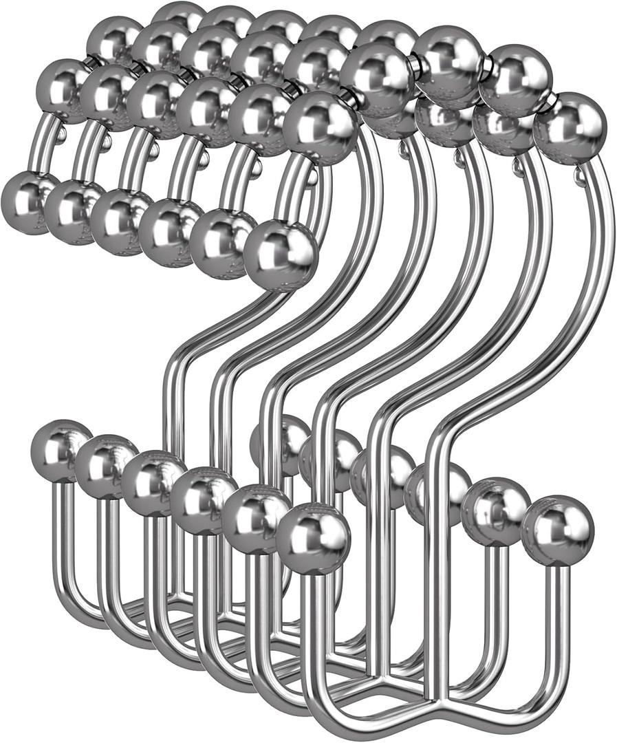 Amazer Shower Curtain Rings, Rust-Resistant Metal Double Shower Hooks for Curtain Rolling Shower Curtain Hooks Rings Shower Rings for Bathroom Shower Curtain Rod, Chrome, Set of 12 Rings