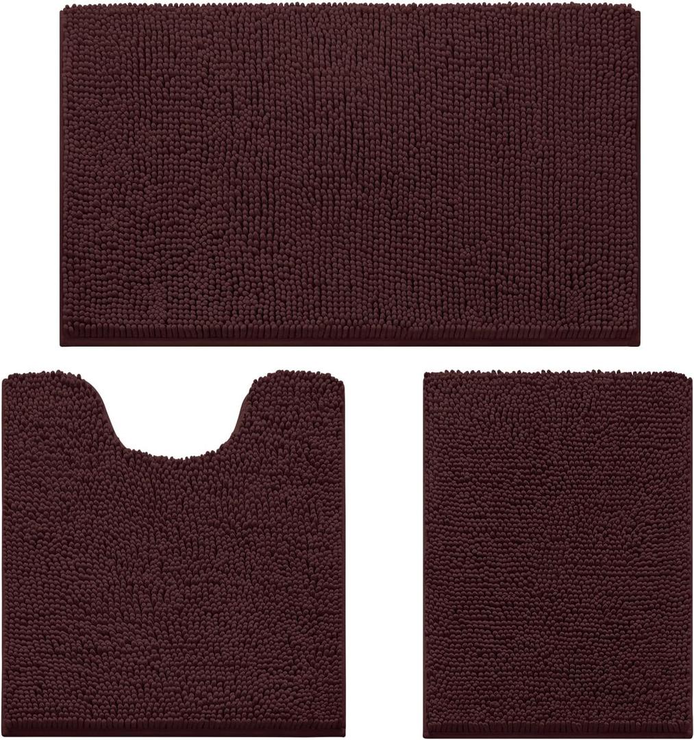 HOMEIDEAS 3 Pieces Bathroom Rugs, Ultra Soft Non Slip Absorbent Chenille Toilet Bath Mat Set (Brown) (1'8" x 2'8" (17"x24"+20"x32"+U Shape 20"x24"))
