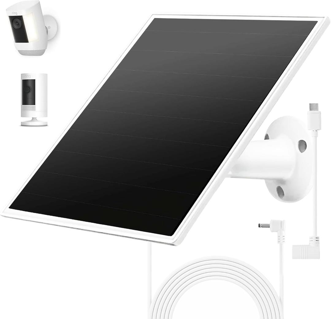 Solar Panel Charger for Ring Camera, Compatible with Ri ng Stick Up Cam Battery, Ring Spotlight Plus/Pro Battery, Waterproof, 5V 6W Fast Charging (White 1Pack)