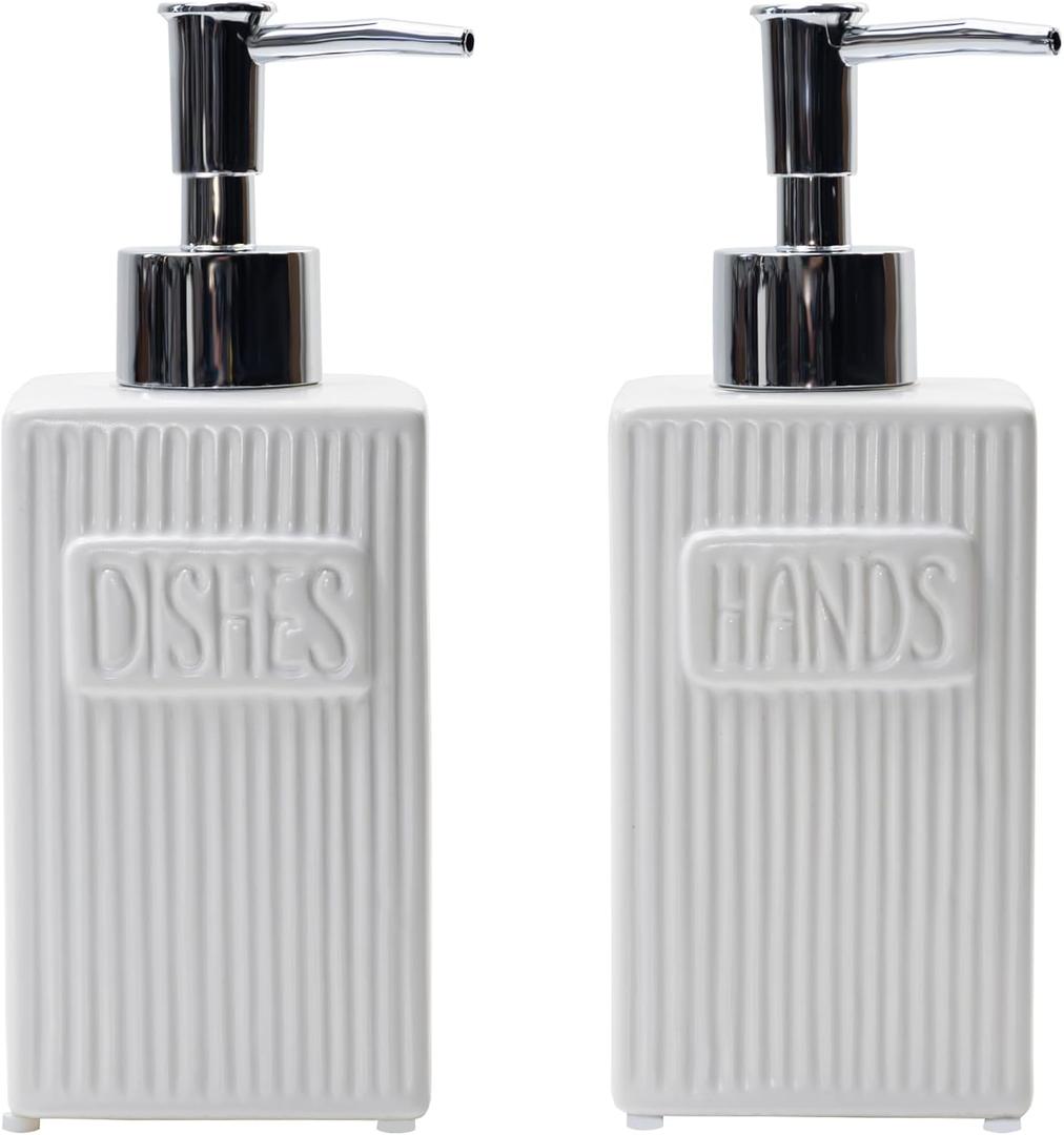 Ceramic Soap Dispenser Set, 2 Pack Kitchen and Bathroom Liquid Hand and Dish Soap Dispenser With Funnel, 10.5 Oz, Matte White