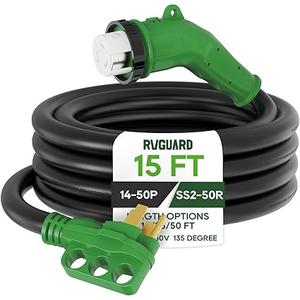 RVGUARD 50 Amp 15 Foot RV Power Cord with 135 Degree, 14-50P to SS2-50R Generator Extension Cord, Heavy Duty STW Cord with LED Power Indicator, Green, ETL Listed