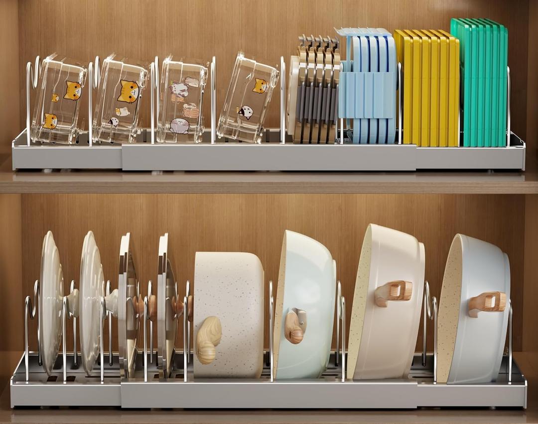 2 Pack Pots and Pans Organizer Under Cabinet, 22" Expandable Food Storage Container Lid Organizers with 9 Adjustable Dividers Pot and Pan Lid Holders Rack Inside Cabinet/Countertop(Gray)