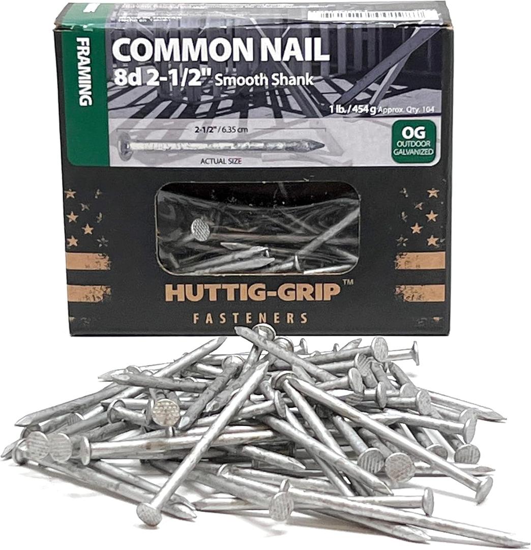 Huttig-Grip 2-1/2 in Framing Common Nail 8d Size, Outdoor Galvanized Finish, 1 lb Pack of 104 Nails