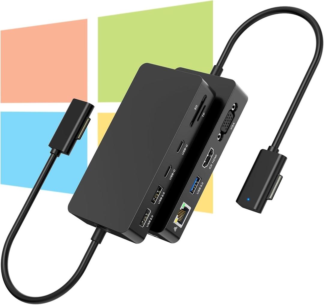 New Surface Dock Dual Displays HDMI+VGA with Power Adapter, 11 in 1 Surface Docking Station for Surface Pro 12/11/10/9/8/X/7/6/5/4/3, Surface Laptop 7/6/5/4/3/2/1, Surface Book Go Dock, AC/DC  Adapter BX1504800