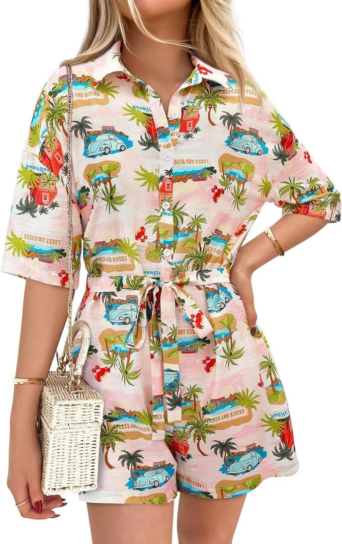 PRETTYGARDEN Womens Rompers for Summer 2025 Beach Vacation Clothes Short Sleeves Floral Jumpsuits Beach Cover Up (S)