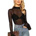 Floerns Women's Star Mesh See Through Mock Neck Long Sleeve Tops Tee T-Shirt Black E M