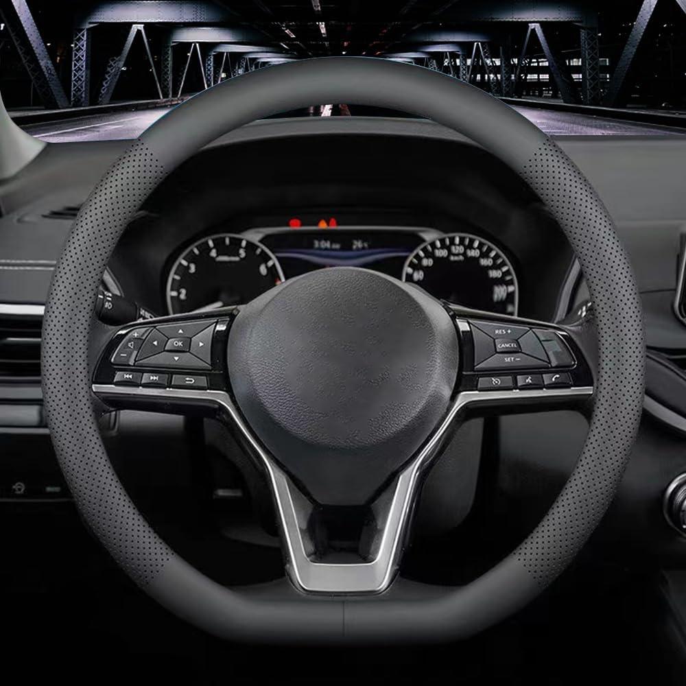 LKWLIKEI Nappa Leather D Shape car Steering Wheel Cover, Non-Slip, BreathableUniversal 15 inch.D Shape Black