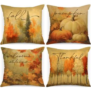 Benjia Fall 12x12 Throw Pillow Covers Set of 4, Watercolor Forest Pumpkin Decorative Holiday Pillow Case 12 x 12 Autumn Cushion Covers Thanksgiving Pillowcase for Indoor Home Bedroom Couch Sofa Decor
