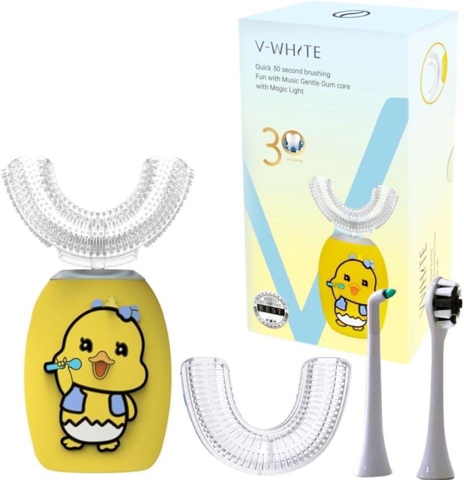 V-WHITE Ultrasonic U-Shaped Toothbrush For Teeth Whitening, Electric Toothbrush - 360 Mouth Cleansing, Hands Free Gums Protection - Wireless Charging - Waterproof IPX7 Certified (YELLOW - KIDS, KIDS) (1 Count (Pack of 1), Yellow - Kids)