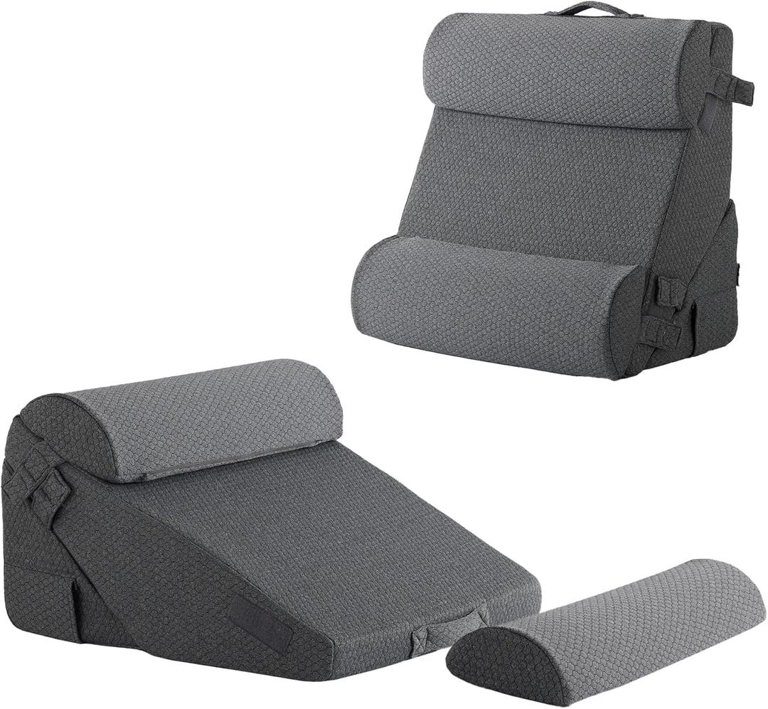 Bedluxe Adjustable 4pcs Bed Wedge Pillow Set, Memory Foam Wedge Pillow Post Surgery for Back, Neck, Leg Pain Relief, Pillow Wedge for Sleeping, Sitting up in Bed, Acid Reflux and GERD, Dark Grey (Adjustable 9&12 Inch + 2 Head Pillow)