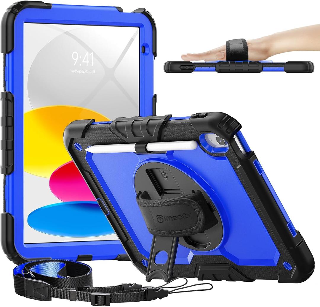 timecity for iPad (A16) 11th/ 10th Generation Case 11''/ 10.9 Inch (2025/2022) - Heavy Duty Protective Cover with Screen Protector, Stand, Shoulder Strap & Pencil Holder | Kids-Friendly - Dark Blue