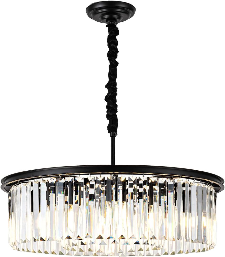 23" Black Crystal Chandelier 8-Light Modern Crystal Pendant Ceiling Light Fixture 2 Rings Luxury Chandeliers,for Dining Room Kitchen Island Living Room Bedroo
