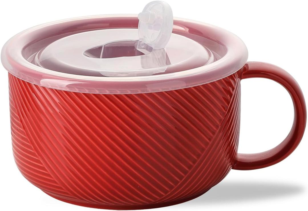 Soup Bowl with Handle & Lid: 38 oz Extra Large Ceramic Food Container for Ramen, Cereal, Breakfast, Meal Prep, Office Lunch, Dorm Living - Microwave Safe, 6 Inch, Red