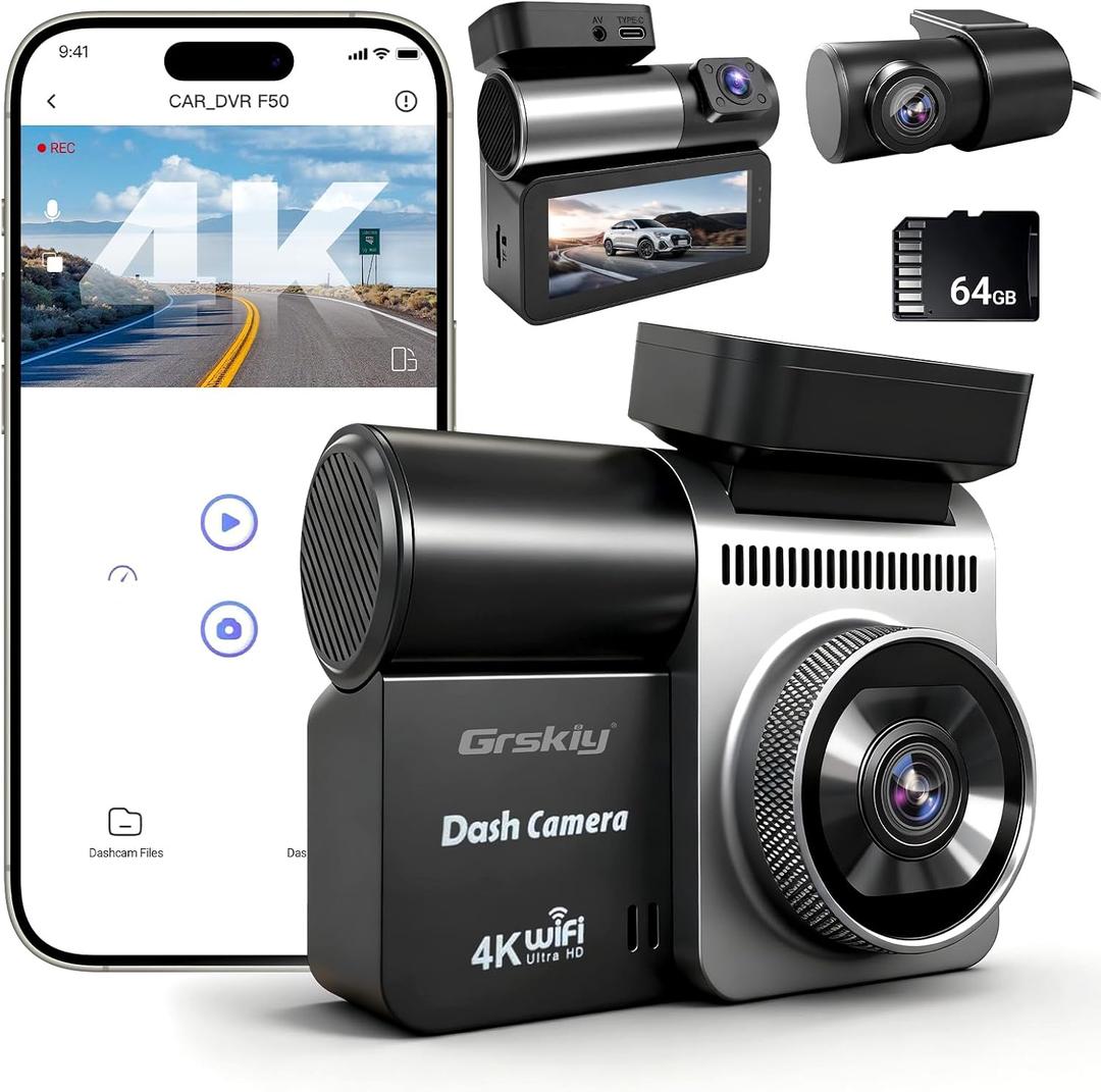 4K Dash Cam Front and Rear Inside, 3 Channel Car Dash Camera with Built-in GPS & 64GB SD Card, 5.8GHz WiFi, Night Vision, G-Sensor, Loop Recording, 3.39 Inch Screen, 24H Parking Monitor