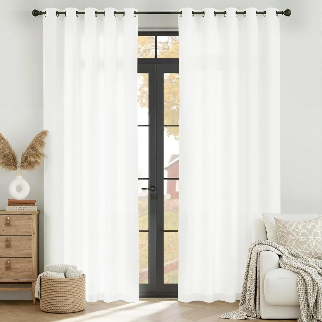 RYB HOME Light Filtering Pivacy Semi Sheer Curtains, Rustproof Grommet Easy Install Glare Reducing for Home Office Balcony Sliding Patio Door, White, 52" W x 90" L, 2 Panels Set
