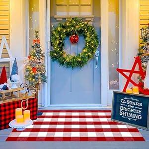 Ckorzen Red and White Plaid Rug, 3' x 5' Christmas Front Porch Outdoor Rug, Handwoven Cotton Washable Rug for Layered Door Mats, Holiday Entryway and Home Décor