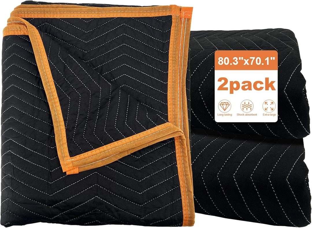 Large moving blankets, 80*72 inches, suitable for furniture moving protection and shipping packaging, quilted furniture pads, extra thick blankets for moving, heavy blanket (black) 2-pack.