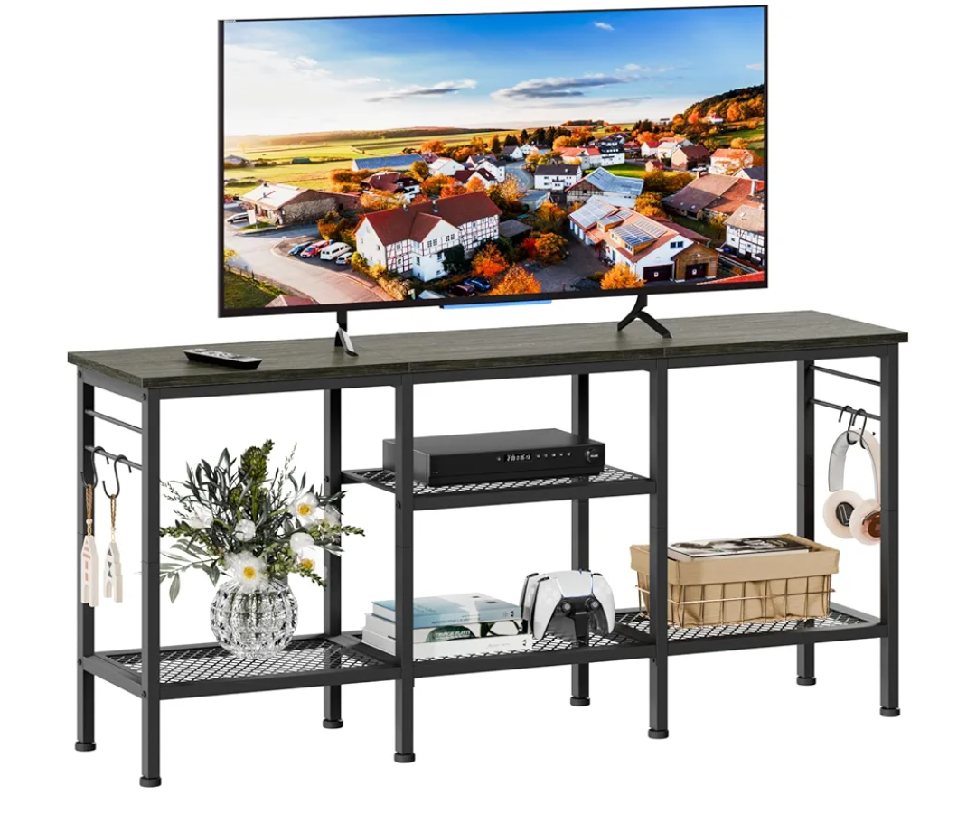 Furologee TV Stand for TVs up to 55 Inch, Entertainment Center with Open Storage Shelves, Media Console Table with Soundbar Shelf for Living Room, Bedroom, Black Oak