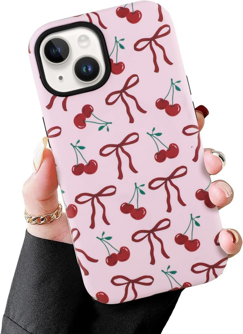 MZELQ Magnetic for iPhone 15 Case, Pink Cherry Bow Red Pattern [Compatible with Magsafe Charging] 2 in 1 Matte Shockproof Protection Hard Phone Cover for Girls Women