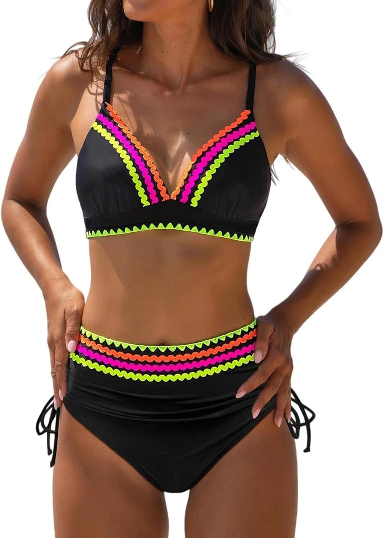 popvil High Waisted Bikini Sets for Women Tummy Control Swimsuits Two Piece Neon V Neck Drawstring Bathing Suits 2026 (Large, Black)