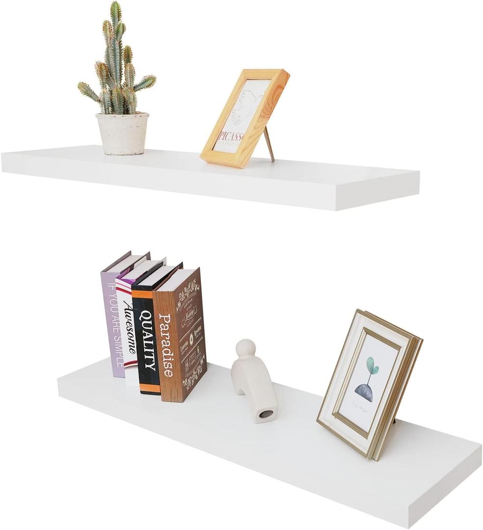 Floating Wall Shelf Set of 2, Wood Wall Decor Storage Shelf, Wall Mount Display Rack for Bedroom, Living Room, Bathroom, Kitchen, Office (White)