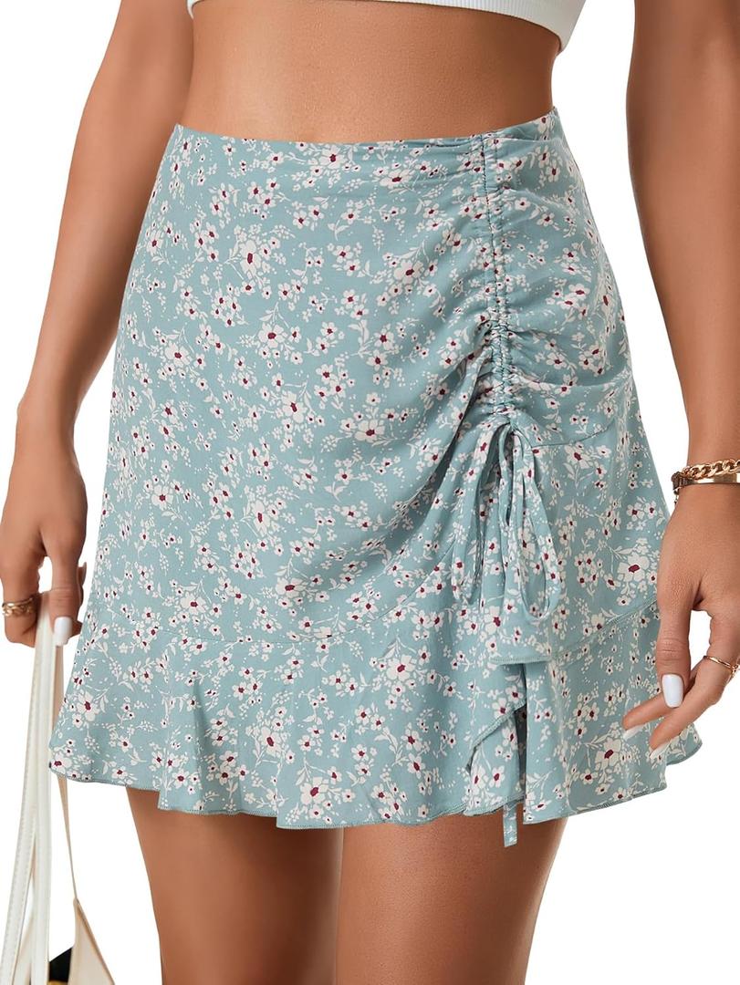 Vrtige Women's Boho Floral Print High Waist Drawstring Ruffle Hem Summer Mini Skirt (Blue, S)