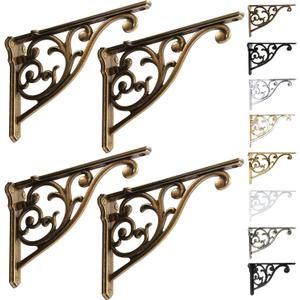Shelf Brackets 8 Inch 4 Pack Heavy Duty Antique Brass Wall Bracket Victorian Kitchen Decorative Rack Shelves, (4, Antique Brass)