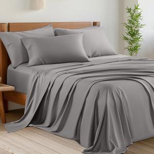 Shilucheng 6 Piece Queen Sheet Sets, Cooling Sheets, Blend Rayon Derived from Bamboo, Deep Pocket Up to 16", Breathable & Soft Bed Sheets, Hotel Silky Bedding Set, Grey