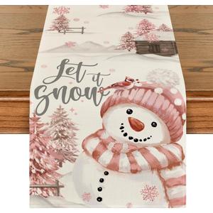 Artoid Mode Xmas Trees Let It Snow Snowman Christmas Table Runner, Seasonal Winter Holiday Kitchen Dining Table Decoration for Home Party Decor 