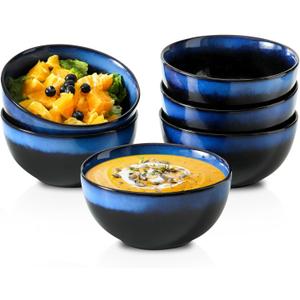 glowworm Porcelain Cereal Bowls Set of 6, 24 OZ Soup Bowls for Kitchen, Gradient Blue Bowls Set for Soup, Cereal, Oatmeal, Fruit, Rice, Snack, Dishwasher & Microwave safe