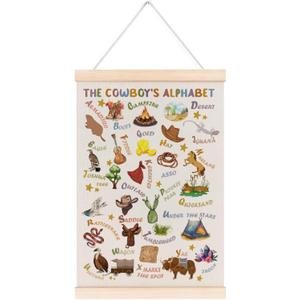 laveliabel Western Cowboy Alphabet Poster Hanger Frame, Western Cowboy Nursery Banner Poster with Wood Hanger, West Alphabet Educational Wall Art Decor for Kids Toddler Baby Boy Room, 12x16in