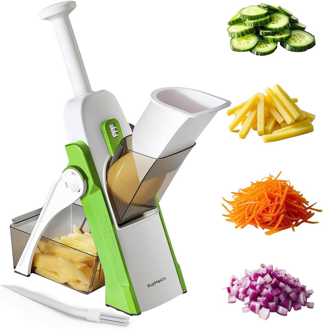 SupMaKin Upgrade Safe Mandoline Slicer, Vegetable Chopper, Potato Slicer 4 Modes Adjustable Thickness Food Cutter, Kitchen Chopping Artifact (6 in 1 Green)