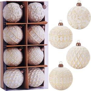 3.15" Vintage Christmas Ball Ornaments, Gold & White Distressed Christmas Tree Decorations Set, Shatterproof Rustic Ornaments for Xmas Farmhouse Home Holiday Dcor