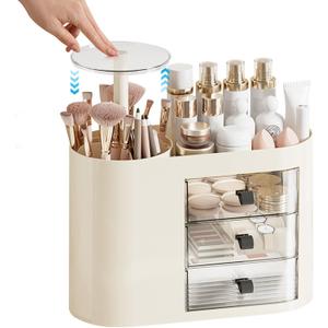 DASITON Makeup Organizer with 3 Drawers,Automatic Lifting Makeup Brush Holder with Lid, Large Capacity Makeup Organizers for Vanity, Bathroom Countertop, Ideal Storage Skin Care, Brushes, Lipstick (Cream)