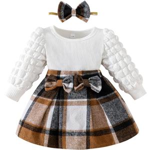 Toddler Baby Girl Plaid Dress Puff Sleeve Bow Patchwork Ribbed Shirts Dress Plaid Fall Winter Outfits with Headband (0-3 Months)