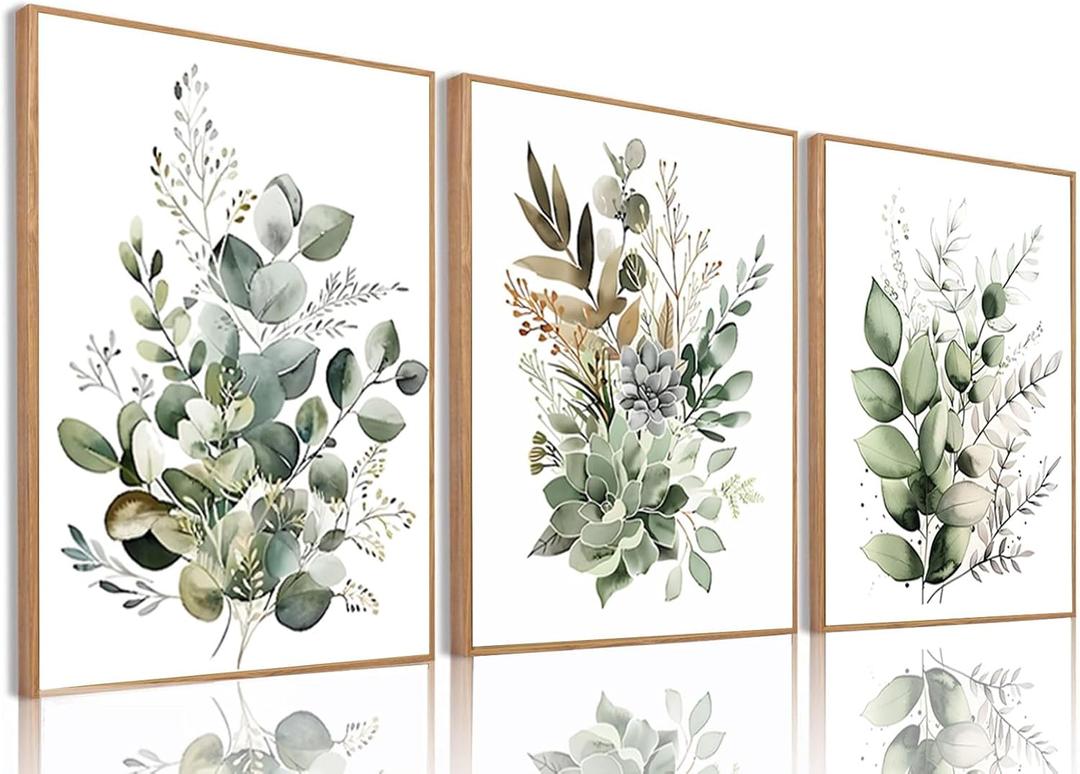Sage Green Botanical Framed Wall Art Set of 3, 16x24 inch, 16"x24" Natural Framed