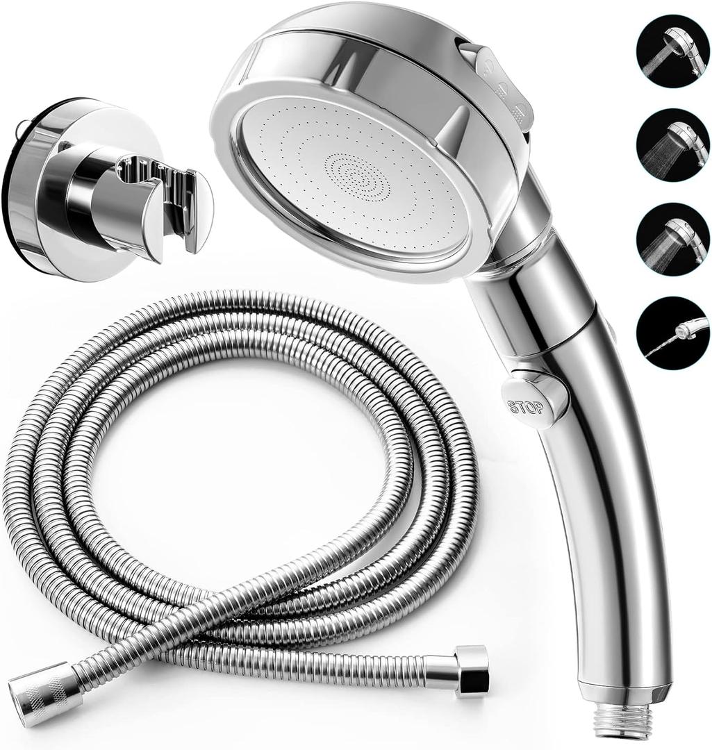 Marbrasse 3-Settings Handheld High Pressure Showerhead with ON/Off Full Shutoff Push Button,Water-saving Camping Shower with Adjustable Angle(Vacuum Suction Shower Head Holder+5 Feet Shower Hose)