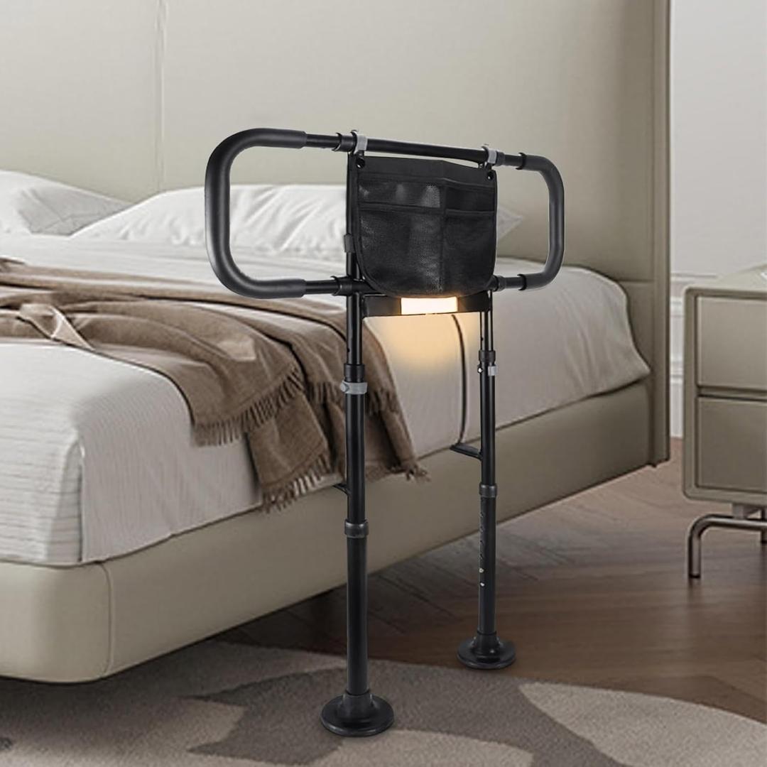 Bed Rails for Elderly Adults Safety: Adjustable Heights Bed Cane with Storage Pocket, Non-Slip Handle, Motion Sensor Light, Bedrails for Elderly Adults Grab Bar Bed Handrails, Can Withstand 400LB (Upgraded Model, Black)
