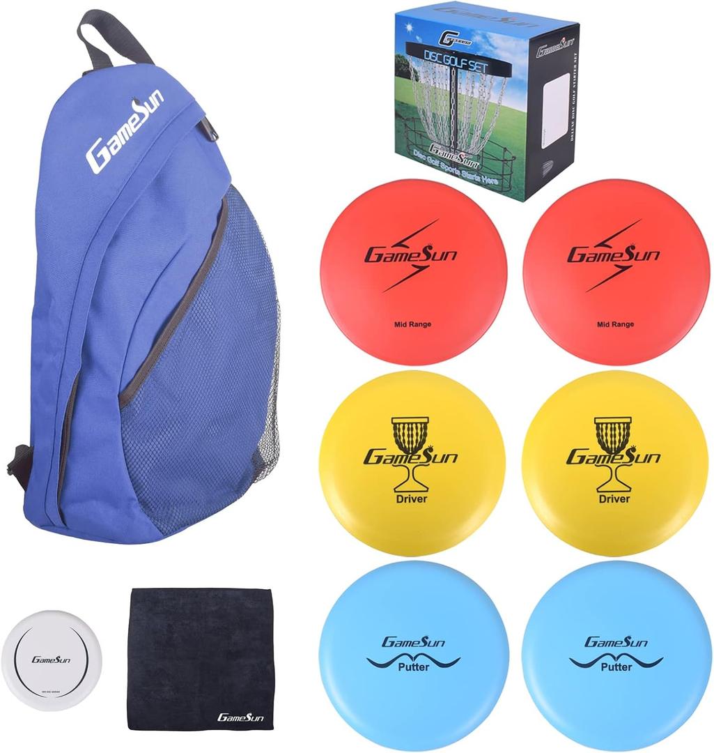 DISC Golf Set Includes 1pc Heavy Duty Nylon Backpack Bag, 2pcs Drivers, 2pcs Mid-Ranges, 2pcs Putters, 1pc Mini Disc Marker, 1pc 12x12 Embroider Logo Black Towel and 1pc Gift Color Box